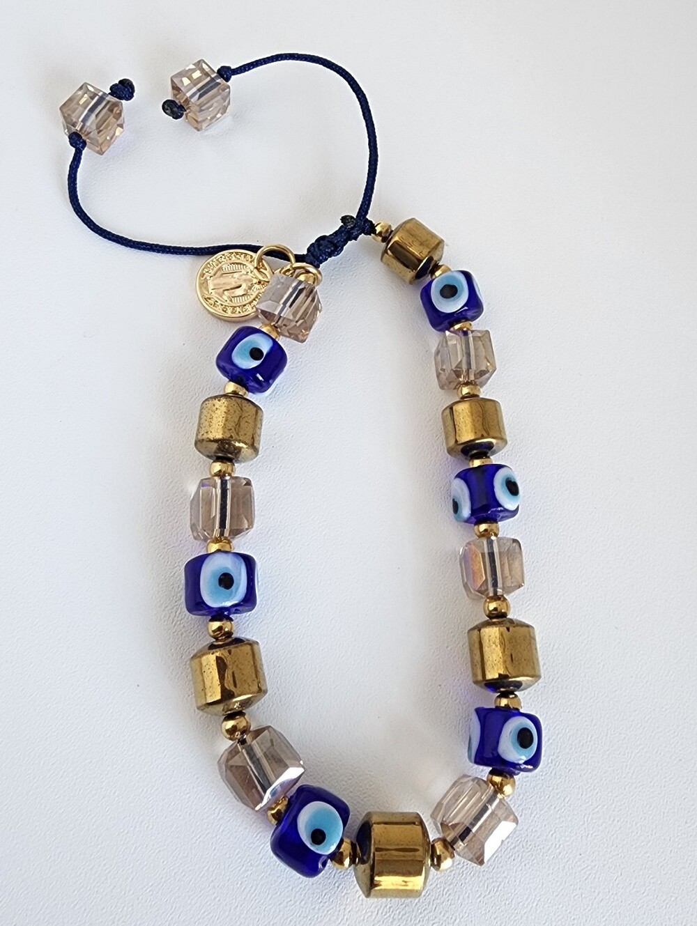 Blue Evil Eye Murano Glass & Hematite Adjustable Bracelet Gold Tone - Picture 4 of 4